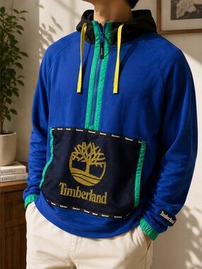 Timberland Mesh Mix Men’s L Pullover Hoodie Blue Green Colorblock A22BZ